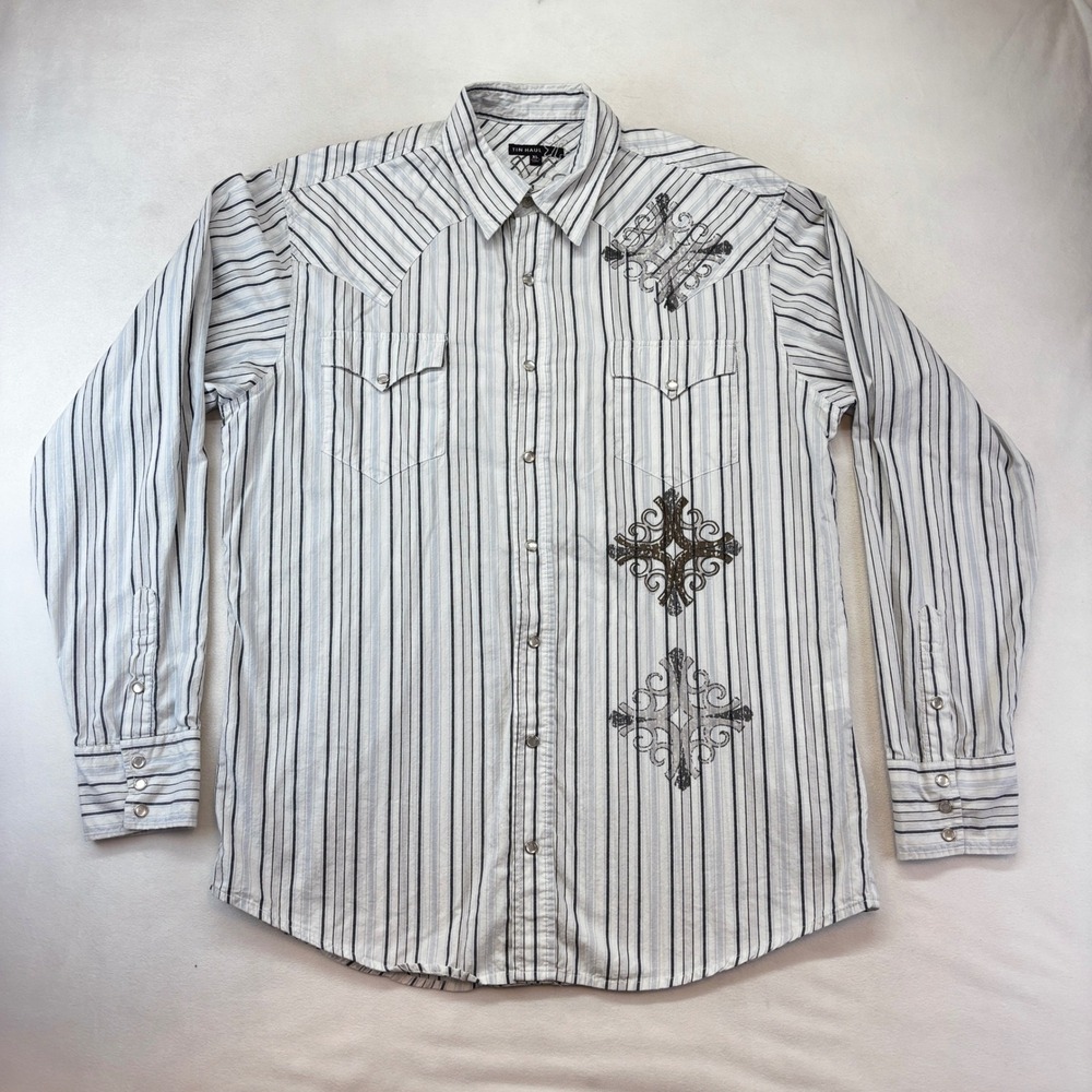 Tin Haul Western Snap Shirt Men XL White Striped Embroidered Cross Skull Graphic